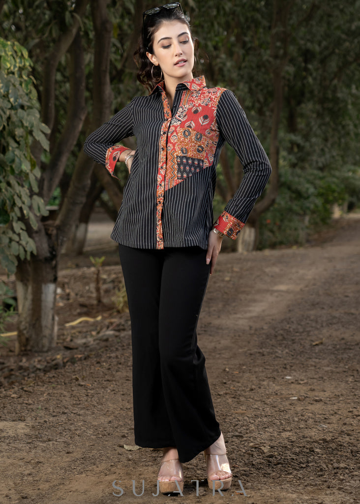 Trendy Black Striped Cotton Ikat Shirtwith Classy Patchwork Combination