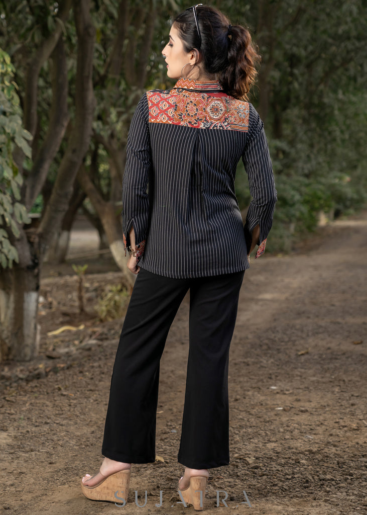 Trendy Black Striped Cotton Ikat Shirtwith Classy Patchwork Combination