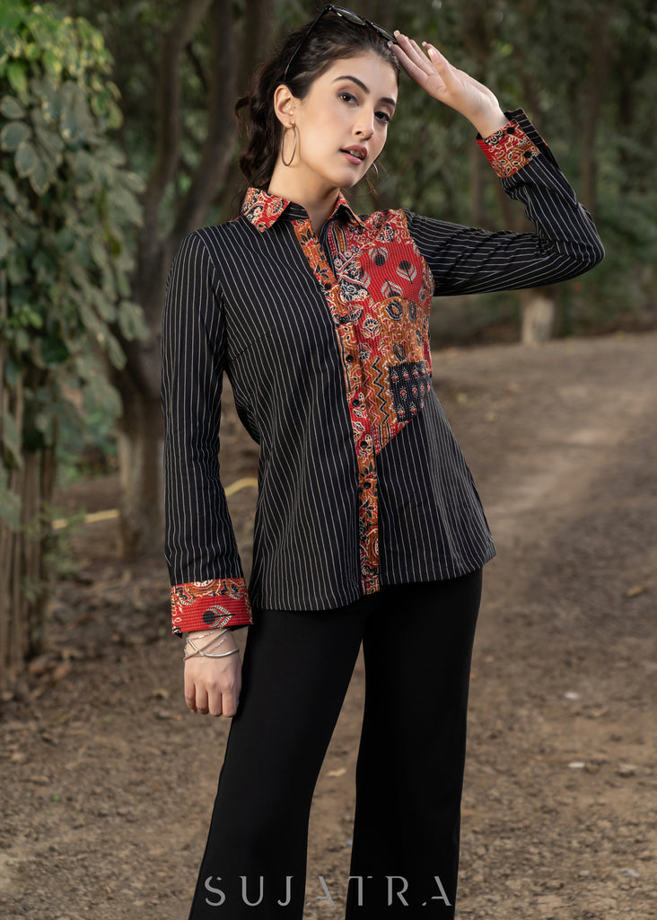 Trendy Black Striped Cotton Ikat Shirtwith Classy Patchwork Combination