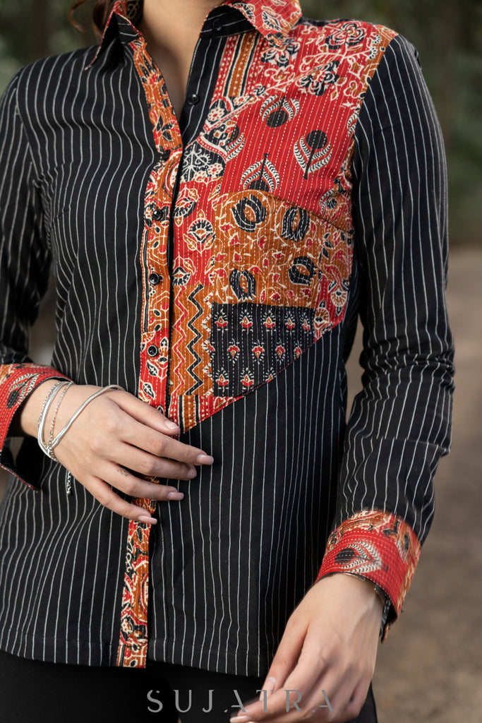 Trendy Black Striped Cotton Ikat Shirtwith Classy Patchwork Combination