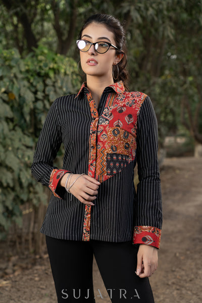Trendy Black Striped Cotton Ikat Shirtwith Classy Patchwork Combination