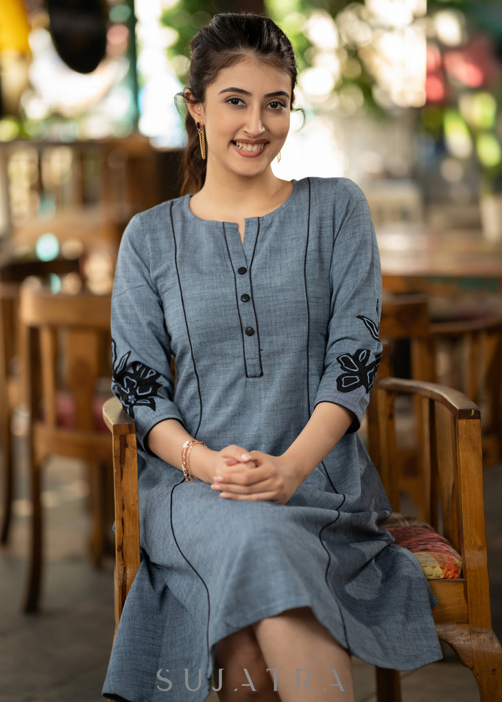 Casual Blue cotton dress with black embroidery detailing