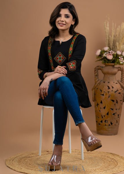 Kutch embroidered Black Rayon top