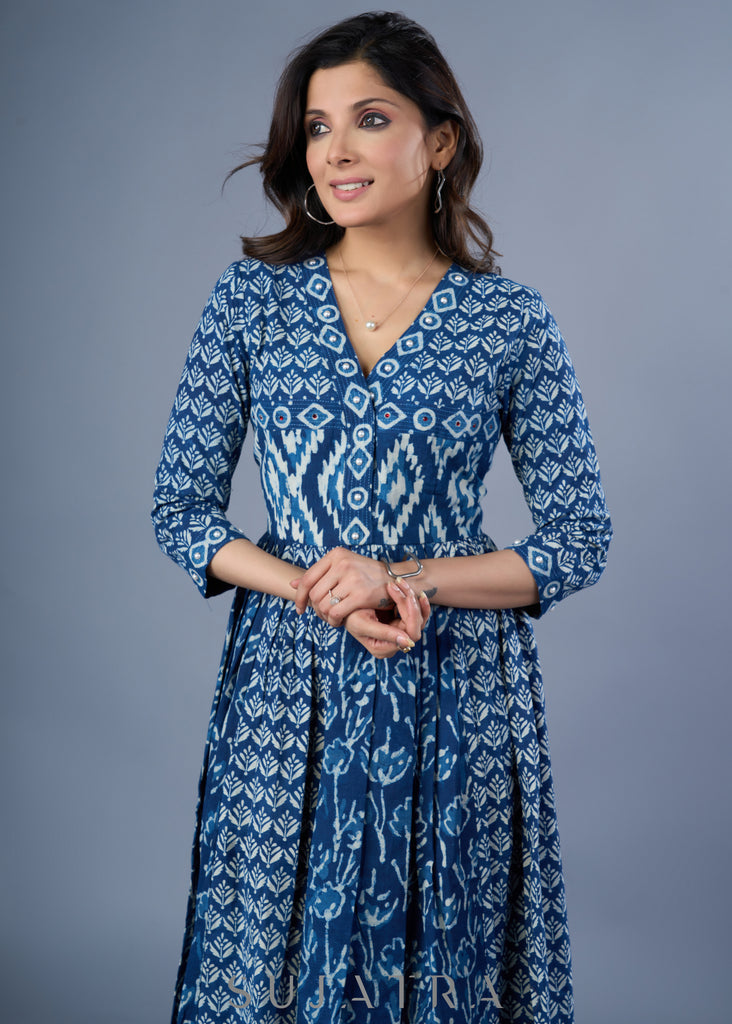 Beautiful Cotton Empire Line Indigo Combination Dress