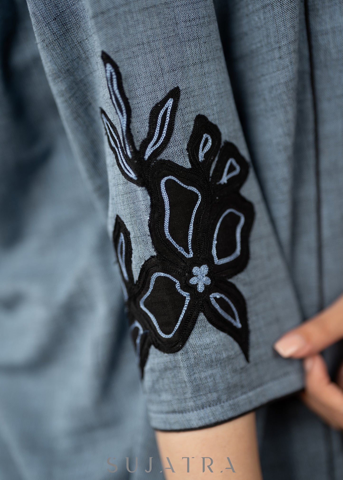 Casual Blue cotton dress with black embroidery detailing
