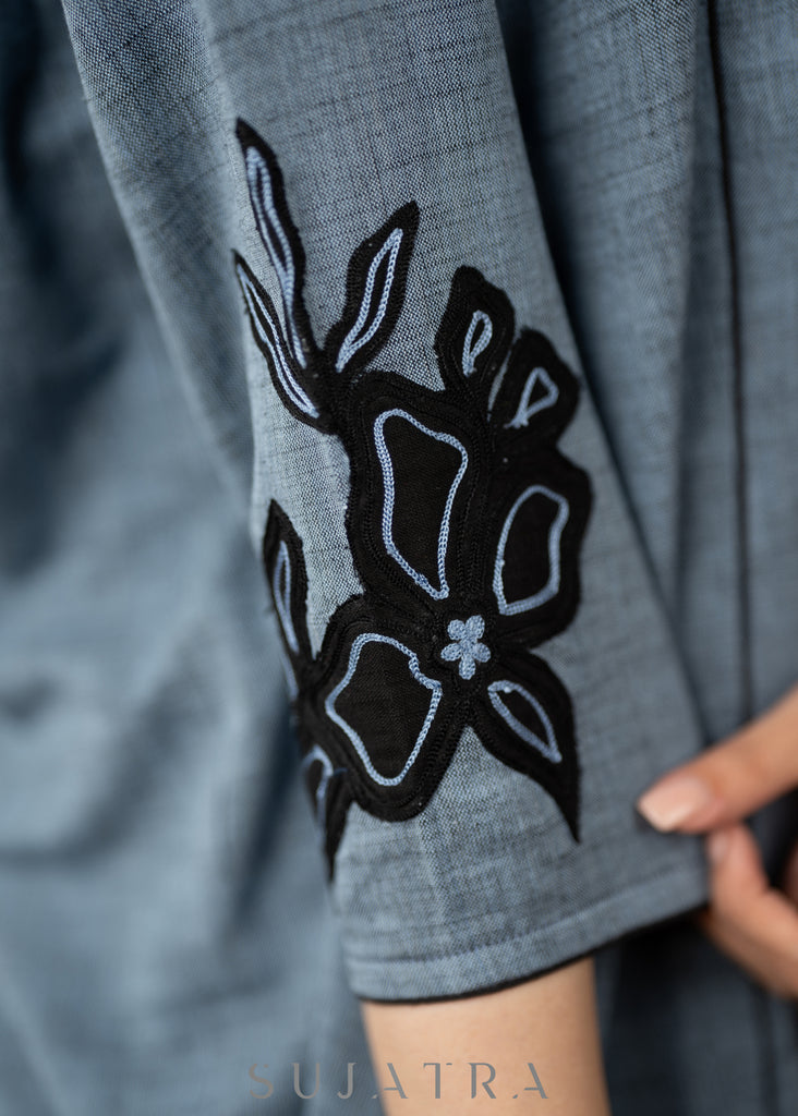 Casual Blue cotton dress with black embroidery detailing