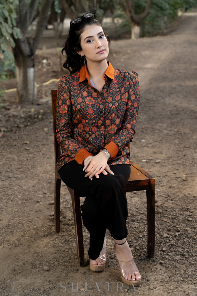 Elegant Black Muslin Shirtwith Floral Print and Contrast Collar