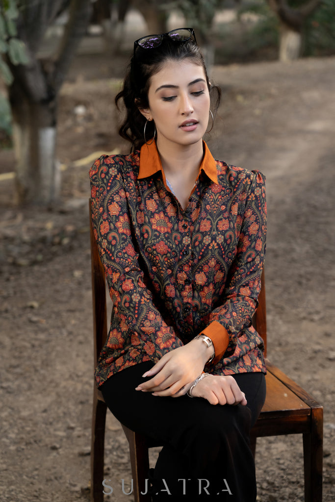 Elegant Black Muslin Shirtwith Floral Print and Contrast Collar