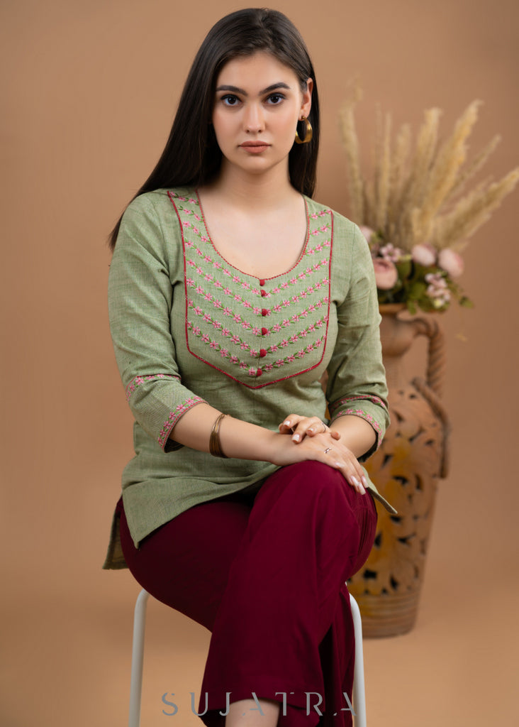 Elegant Rustic Green Pure Cotton Embroidered Top