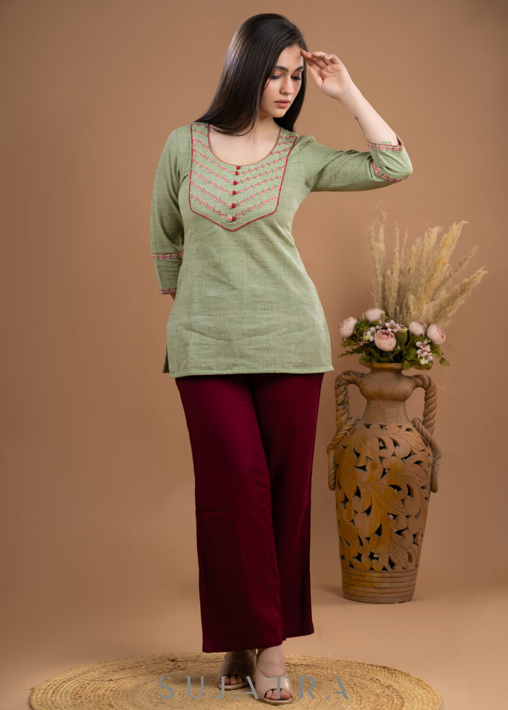 Elegant Rustic Green Pure Cotton Embroidered Top