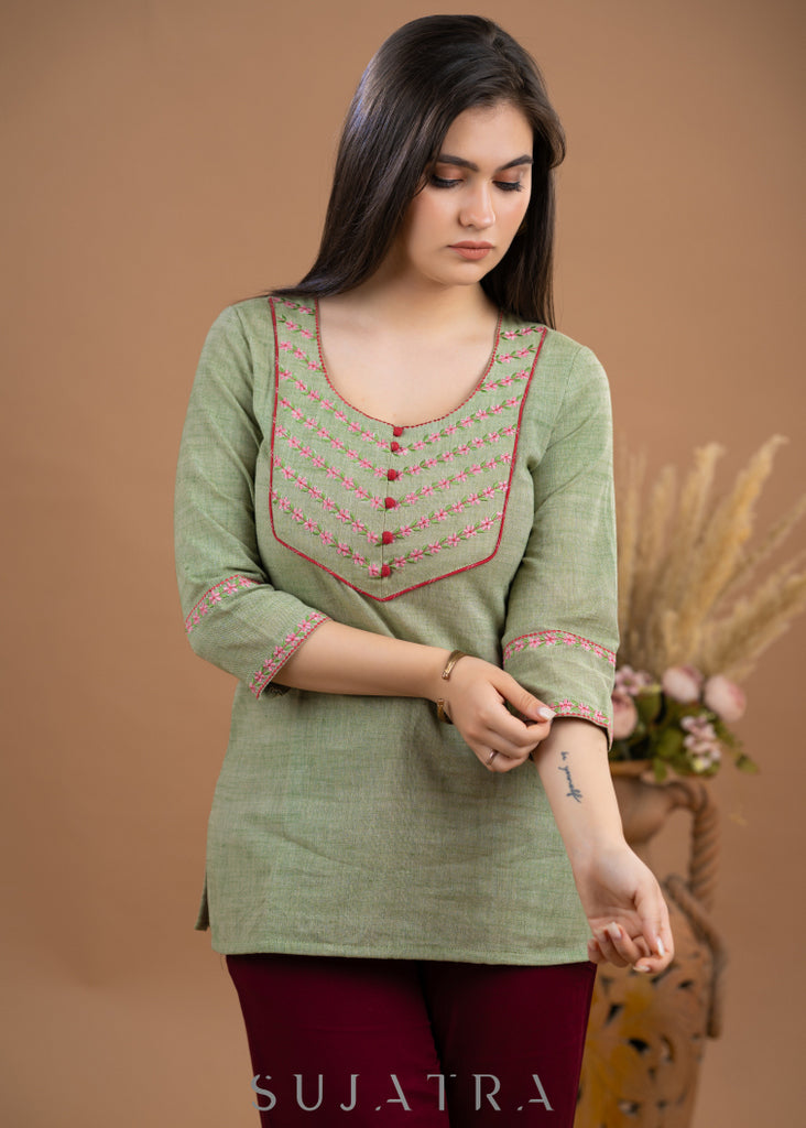 Elegant Rustic Green Pure Cotton Embroidered Top