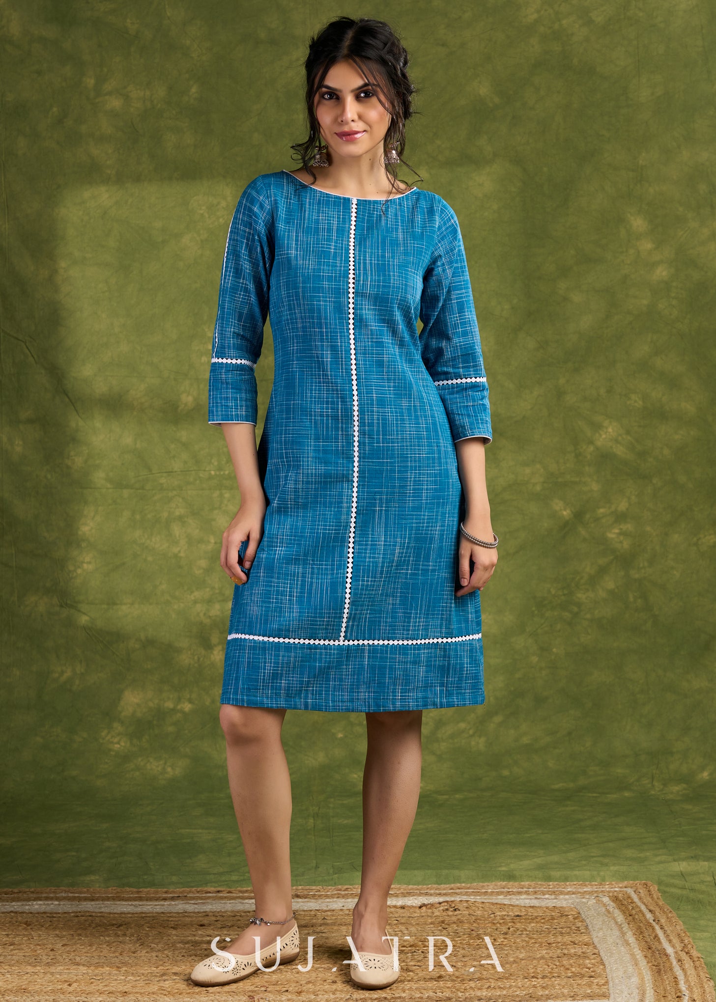 Elegant Blue Slub Cotton Dress. Subtle Hues Combined With Effortless S