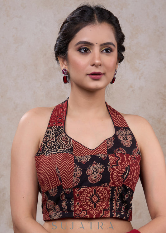 Exclusive black ajrakh patchwork halter neck blouse