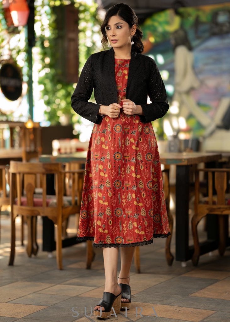 Stylish red cotton kantha printed dress with black hakoba shrug