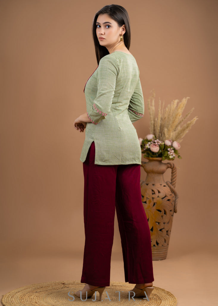 Elegant Rustic Green Pure Cotton Embroidered Top