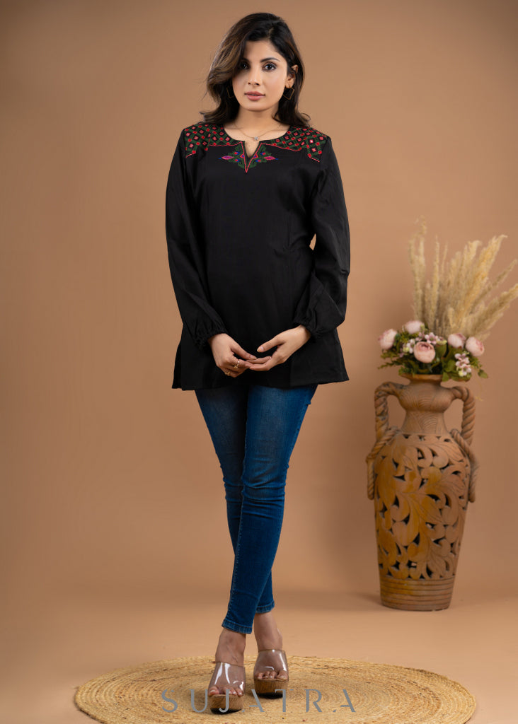 Embroidered Black Rayon top