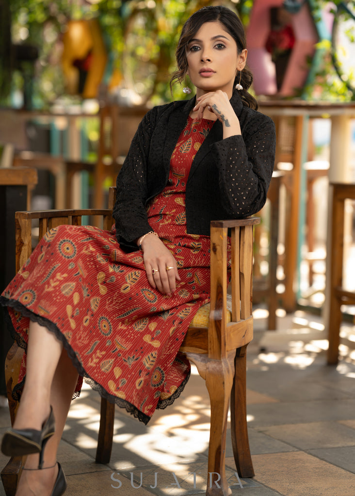 Stylish red cotton kantha printed dress with black hakoba shrug
