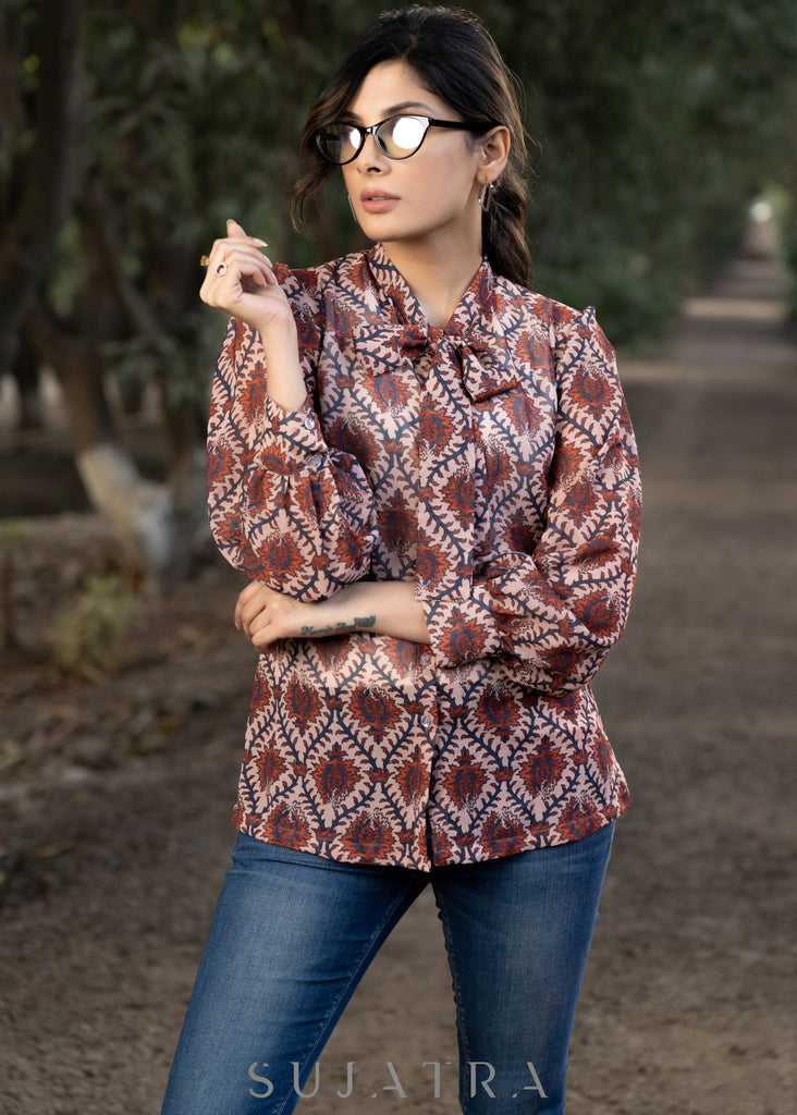 Classy Georgette Boroque Print Shirtwith Bow Tie Neck Pattern