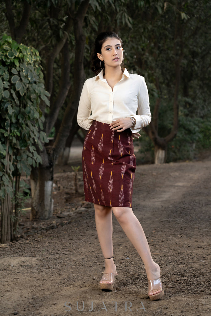 Trendy maroon ikat formal fitted skirt with optional shirt