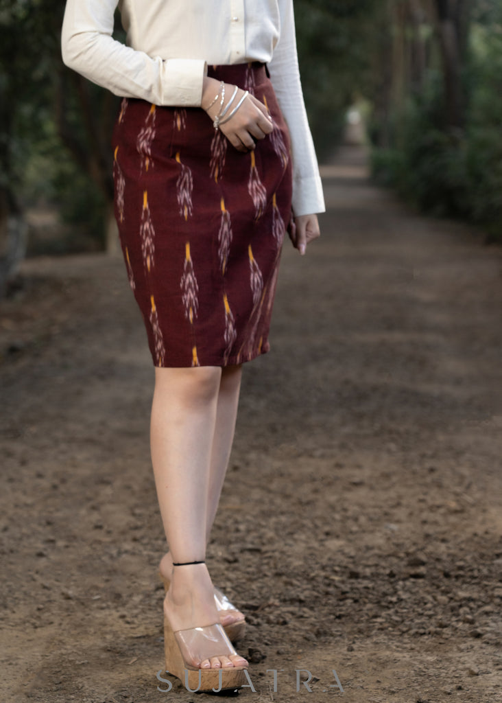 Trendy maroon ikat formal fitted skirt with optional shirt