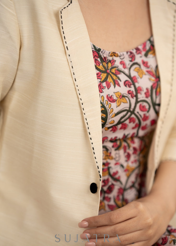 Floral printed dress with beige silk jacket