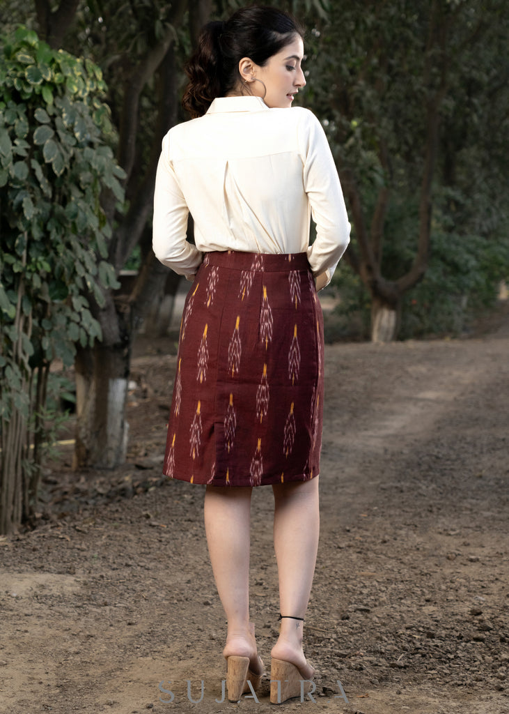Trendy maroon ikat formal fitted skirt with optional shirt