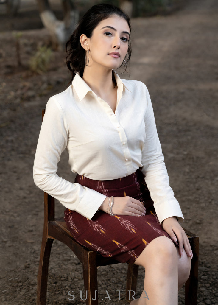 Trendy maroon ikat formal fitted skirt with optional shirt