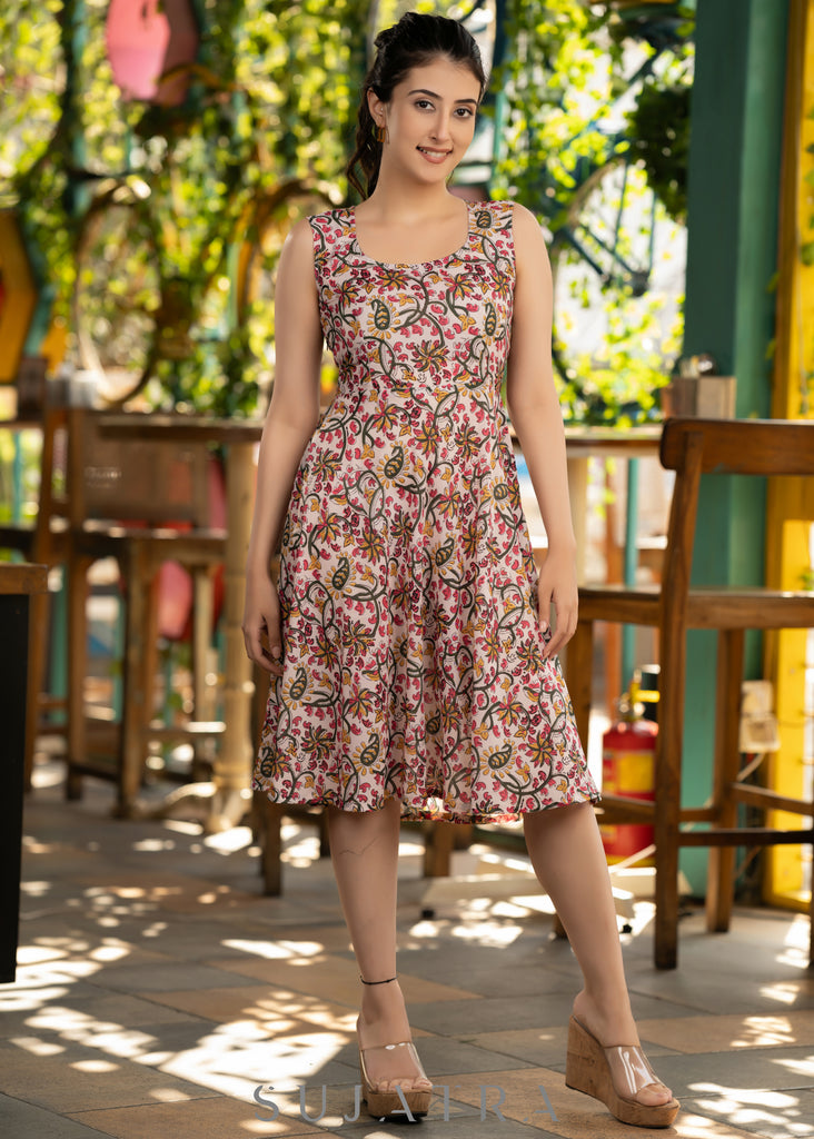 Floral printed dress with beige silk jacket