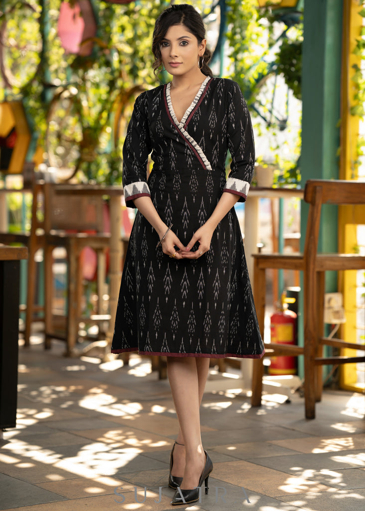 Trendy black cotton ikat dress highlighted with ikat gathering on yoke