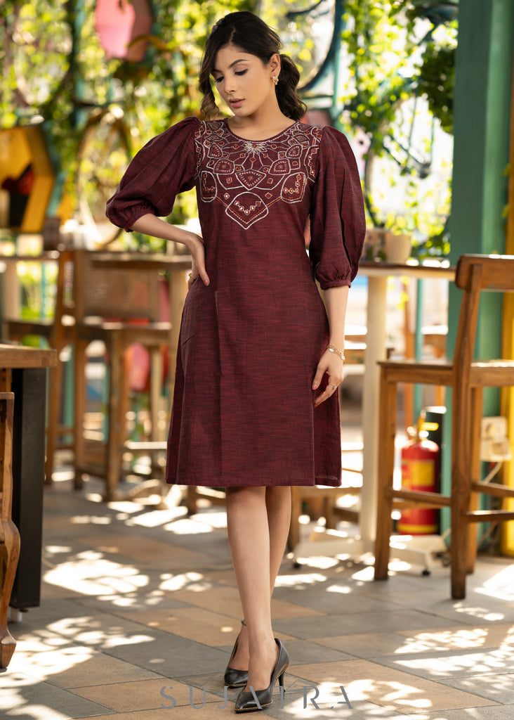 Exclusive wine cotton dress with beautiful embroidery on the yoke