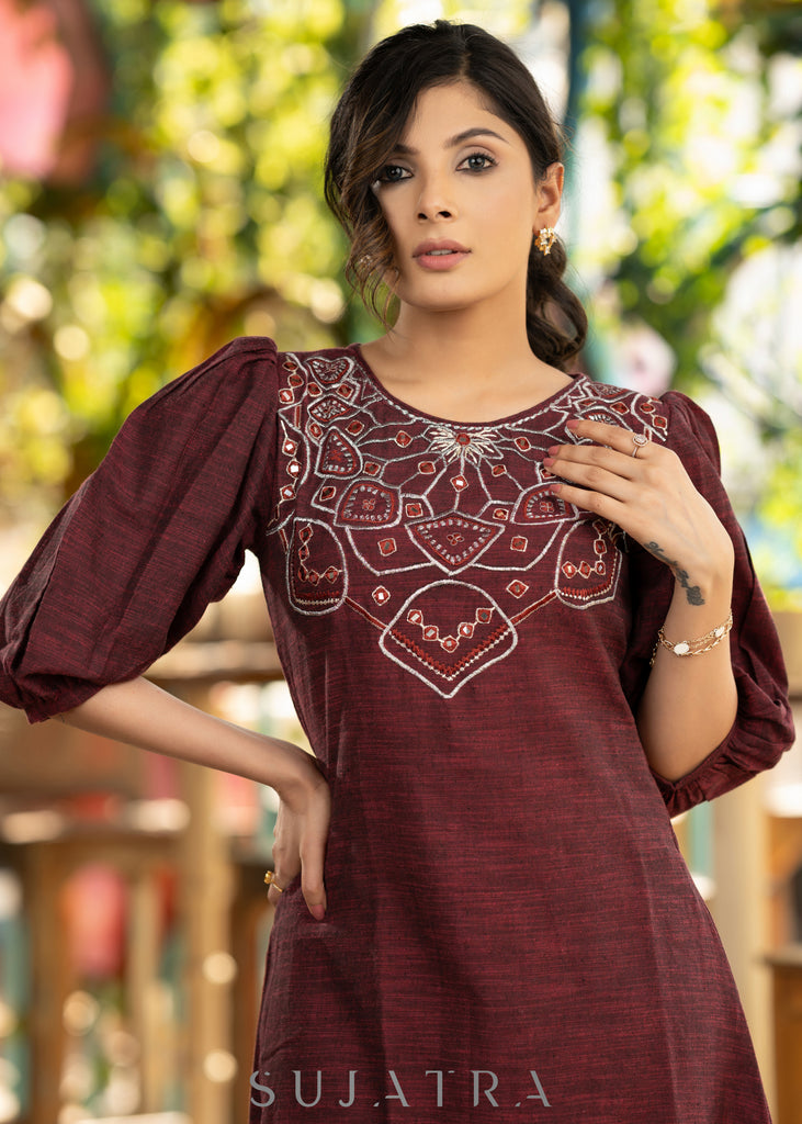 Exclusive wine cotton dress with beautiful embroidery on the yoke