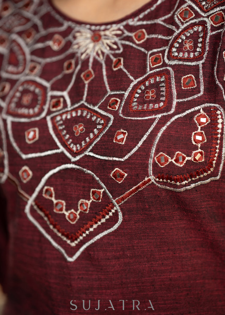 Exclusive wine cotton dress with beautiful embroidery on the yoke