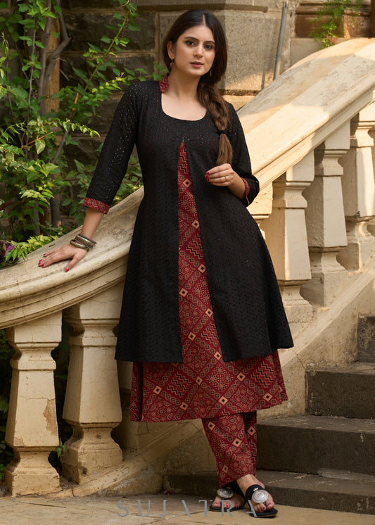 Elegant black hakoba & ajrakh jacket-style kurta - Ajrakh pants Optional