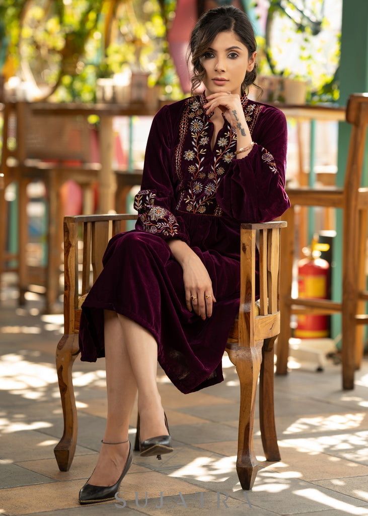 Classy wine velvet dress with beautiful floral embroidered yoke