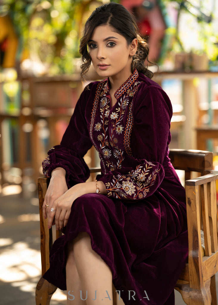 Classy wine velvet dress with beautiful floral embroidered yoke