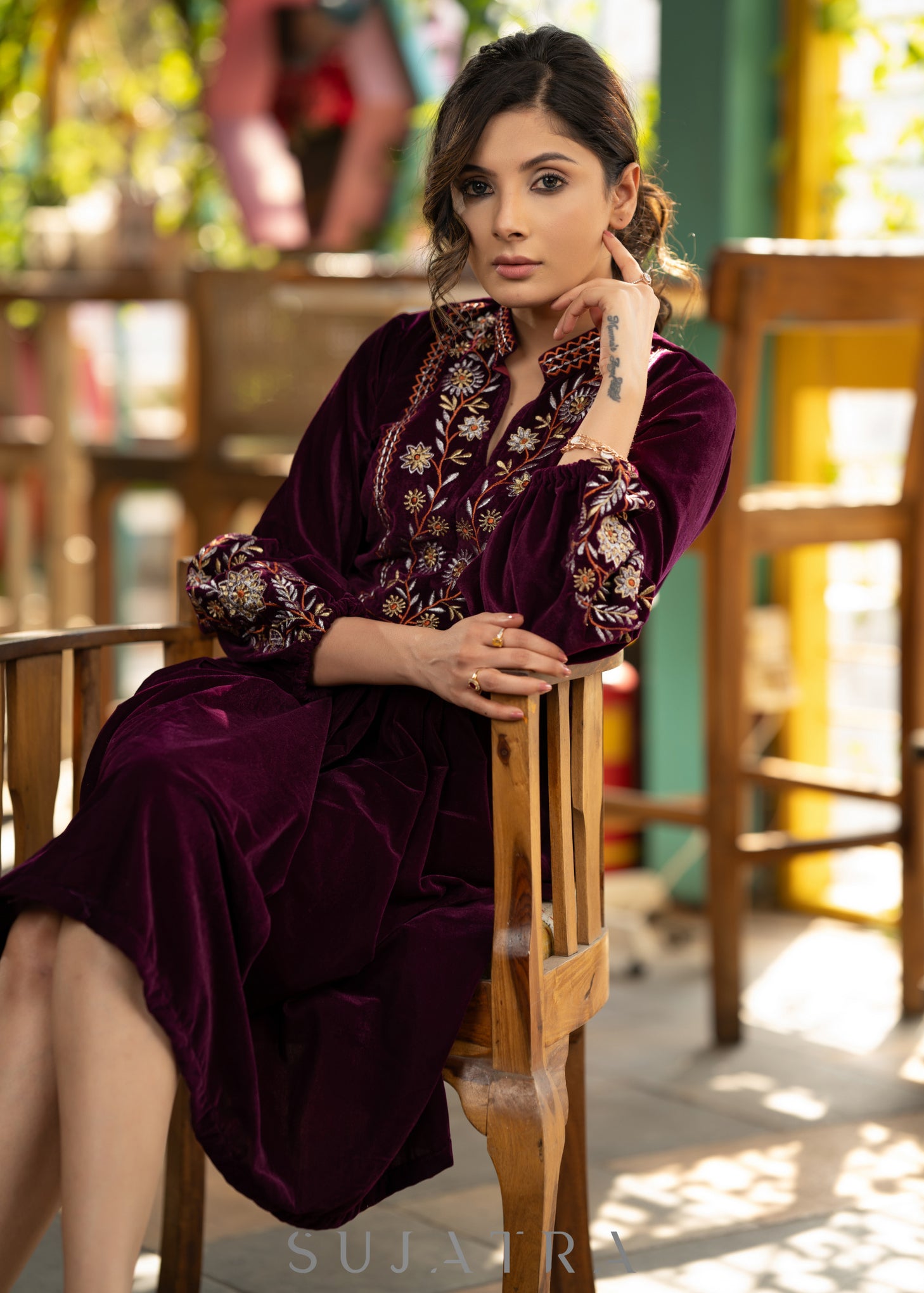 Classy wine velvet dress with beautiful floral embroidered yoke – Sujatra