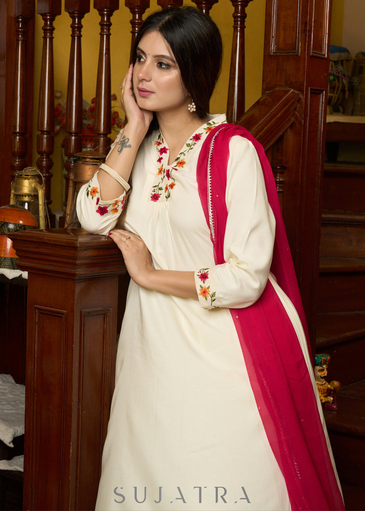 Elegantly crafted off-white rayon kurta with intricate embroidery and matching pants - Dupatta optional