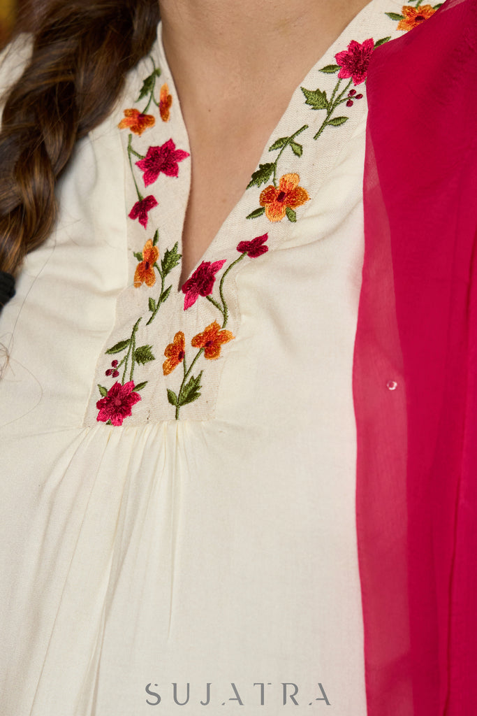 Elegantly crafted off-white rayon kurta with intricate embroidery and matching pants - Dupatta optional