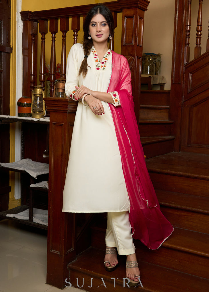 Elegantly crafted off-white rayon kurta with intricate embroidery and matching pants - Dupatta optional