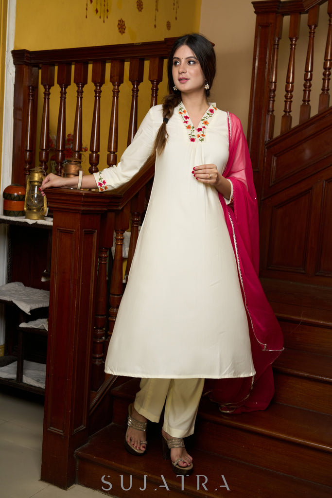 Elegantly crafted off-white rayon kurta with intricate embroidery and matching pants - Dupatta optional