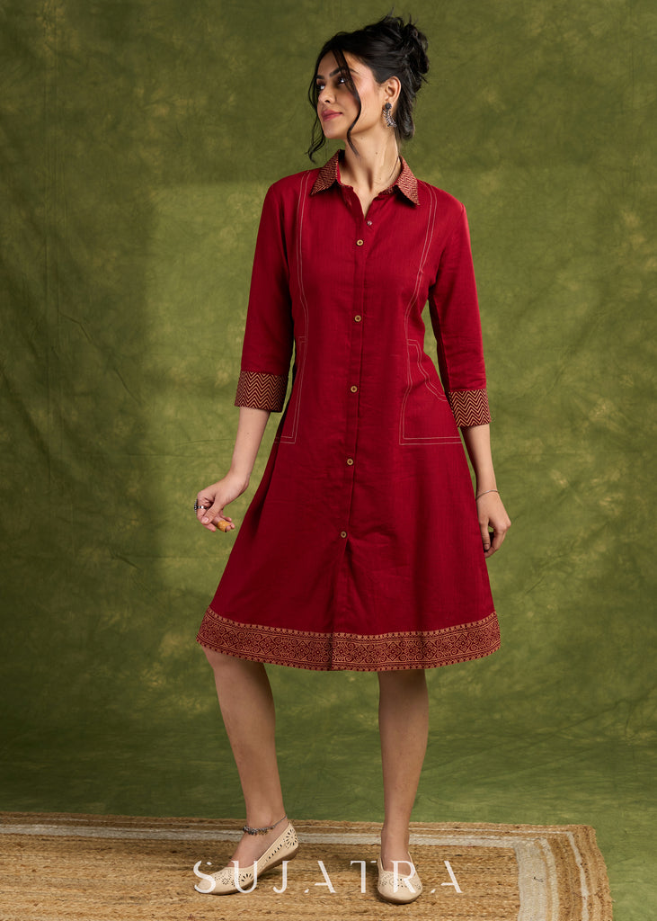 Maroon Shirt Dress. Vibrant Maroon Cotton Dress With Intricate Ajrakh Cuff And Hem Details