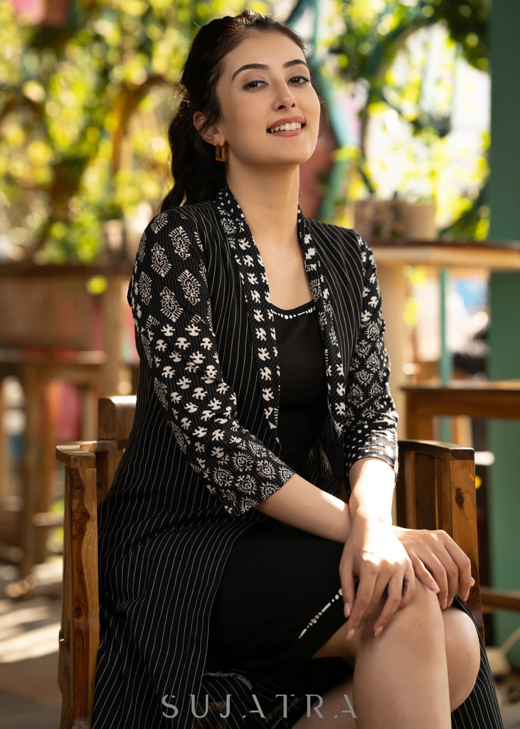 Black dress with striped front open jacket