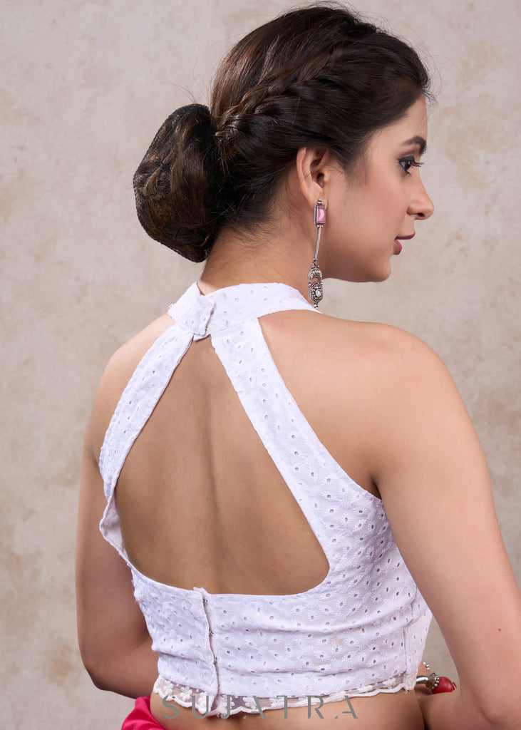 Trendy white cotton hakoba high neck blouse with lace highlight