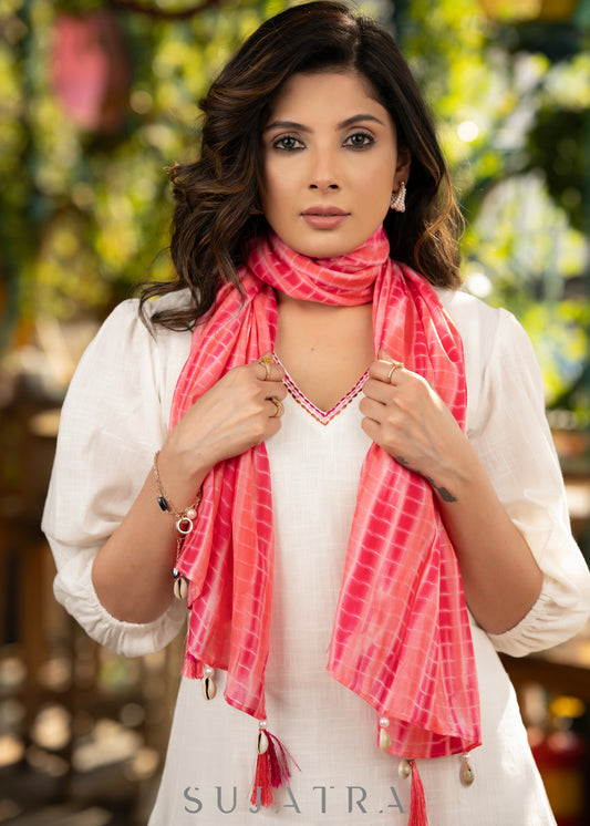 Beautiful ivory cotton dress with floral embroidery paired with matching shibori stole