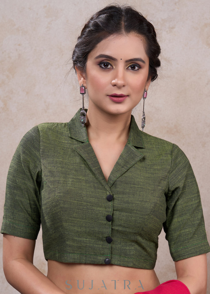 Elegant moss green cotton collared blouse