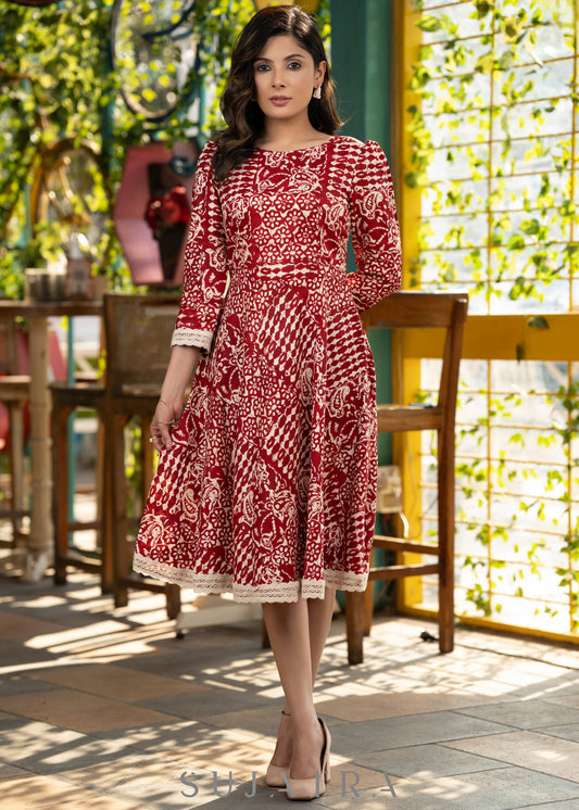 Trendy red printed rayon flared dress with contrast stole