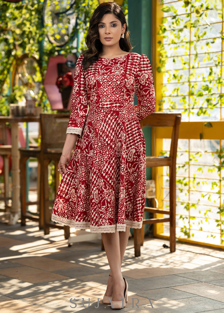Trendy red printed rayon flared dress with contrast stole