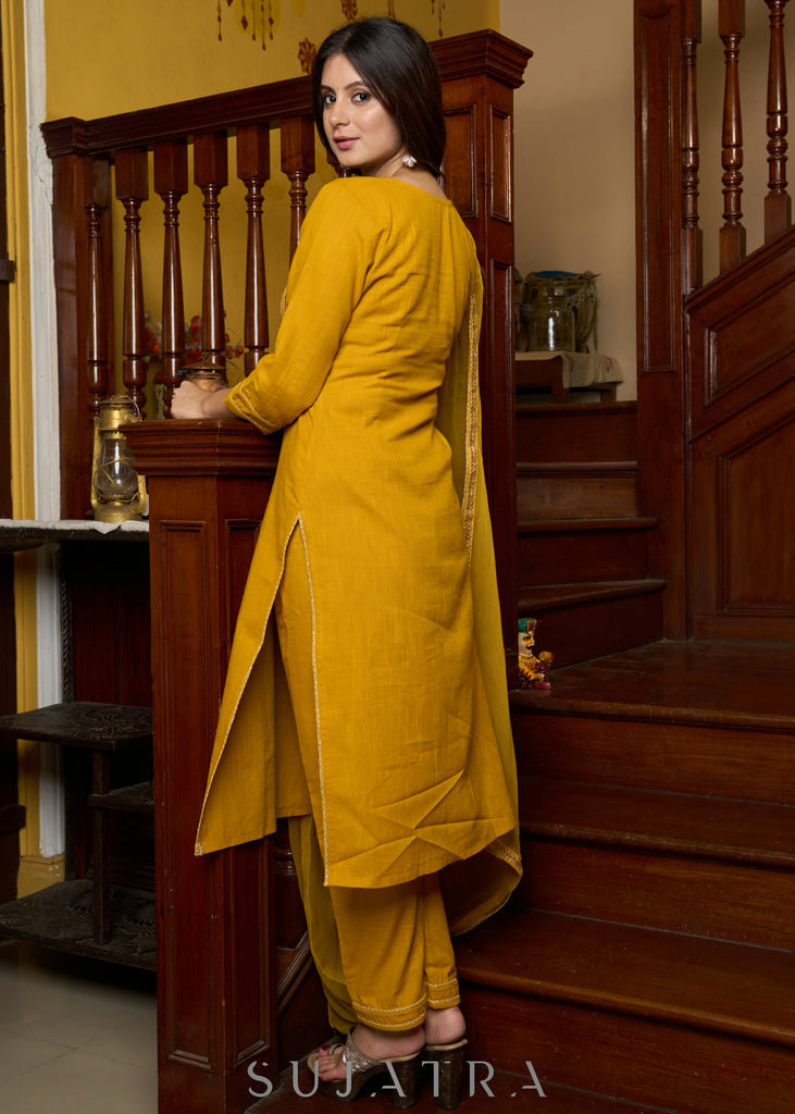 Graceful delicate mustard cotton kurta with a lace yoke and matching pants - Dupatta Optional