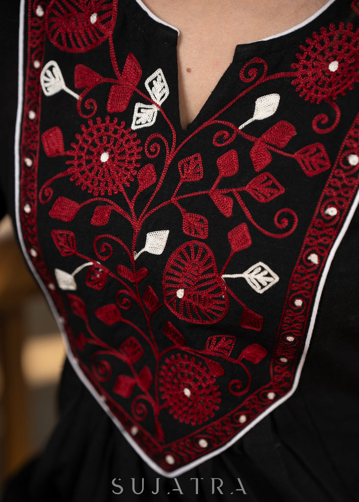 Elegant black cotton dress with beautiful embroidered yoke