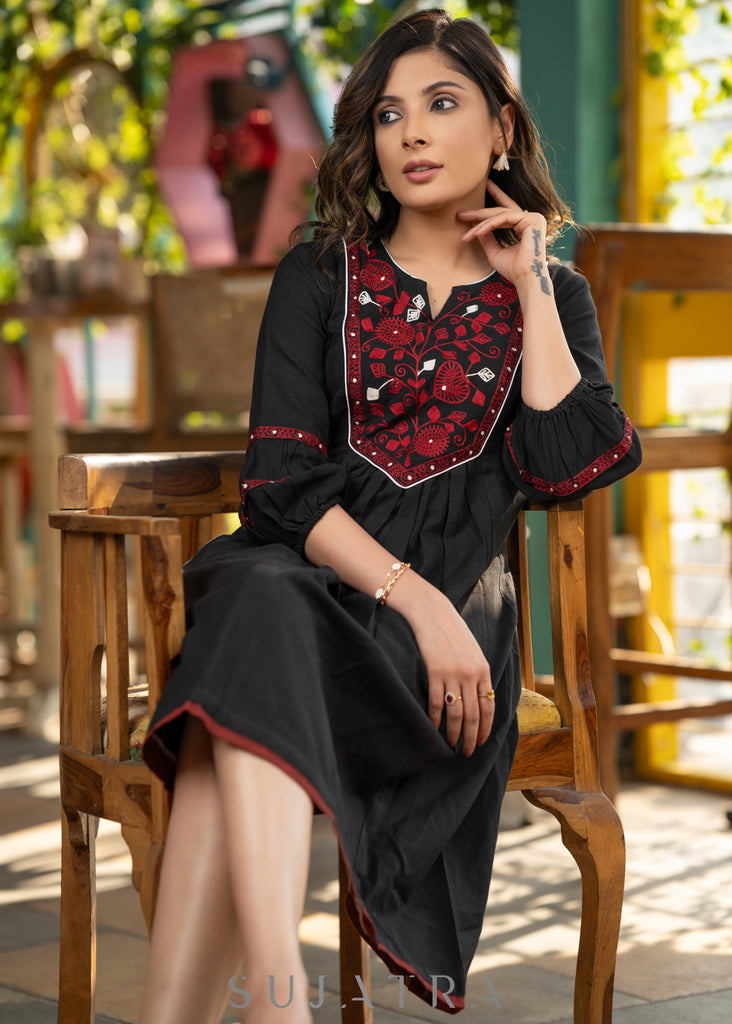 Elegant black cotton dress with beautiful embroidered yoke